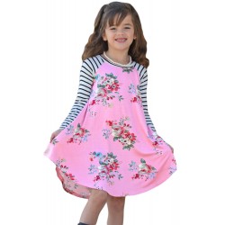 Pink Spring Fling Floral Striped Sleeve Short Dress for Kids