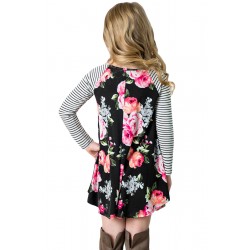 Black Spring Fling Floral Striped Sleeve Short Dress for Kids