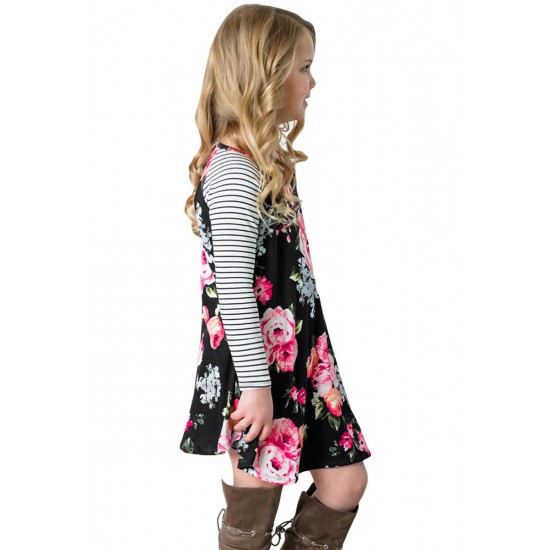 Black Spring Fling Floral Striped Sleeve Short Dress for Kids