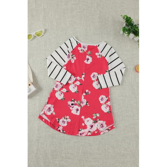 Red Spring Fling Floral Striped Sleeve Short Dress for Kids