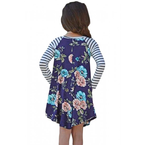 Blue Spring Fling Floral Striped Sleeve Short Dress for Kids