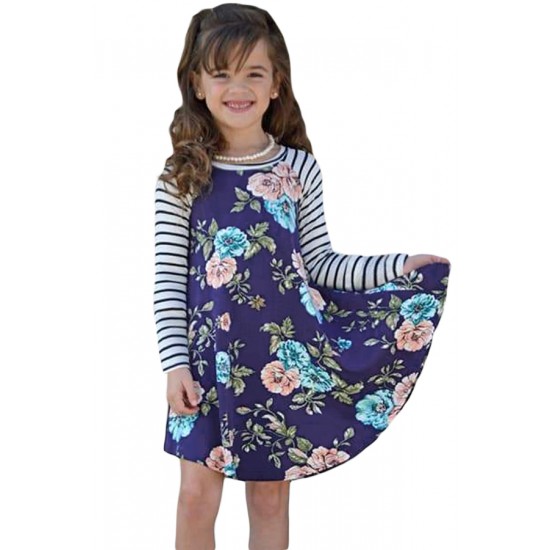 Blue Spring Fling Floral Striped Sleeve Short Dress for Kids