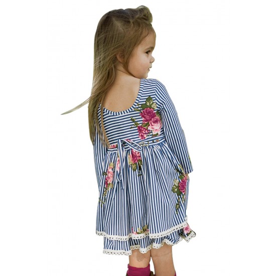 Blue Sweet Striped Floral Kids Dress