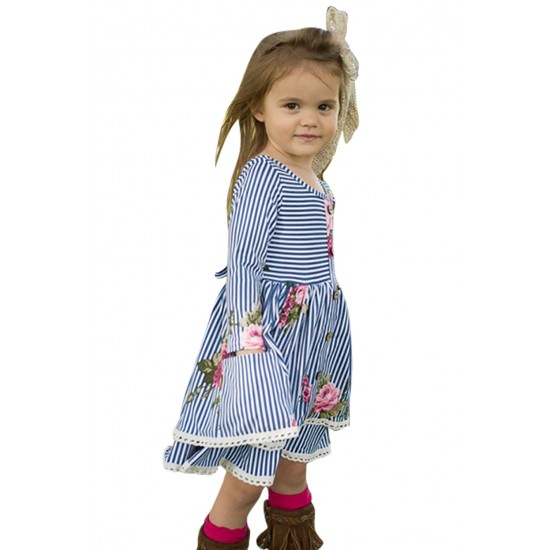 Blue Sweet Striped Floral Kids Dress