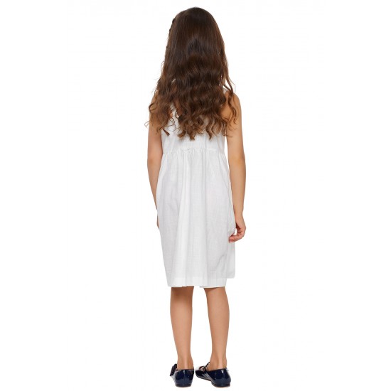 White Little Girls Spaghetti Strap Button Dress with Pockets