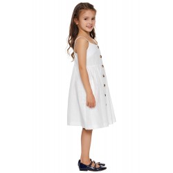 White Little Girls Spaghetti Strap Button Dress with Pockets