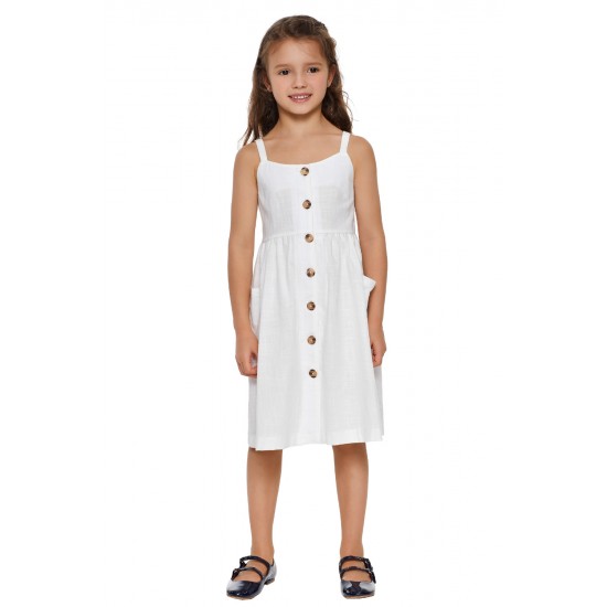 White Little Girls Spaghetti Strap Button Dress with Pockets