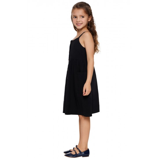 Black Little Girls Spaghetti Strap Button Dress with Pockets