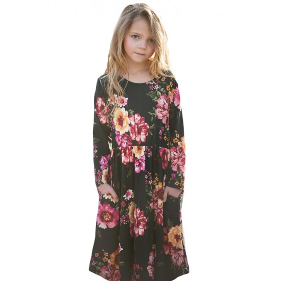 Floral Black Swing Dress with Hidden Pockets