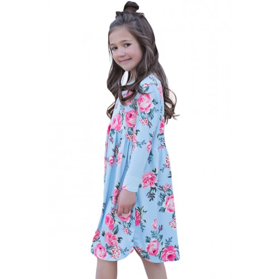 Floral Light Blue Swing Dress with Hidden Pockets