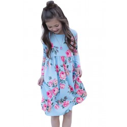 Floral Light Blue Swing Dress with Hidden Pockets