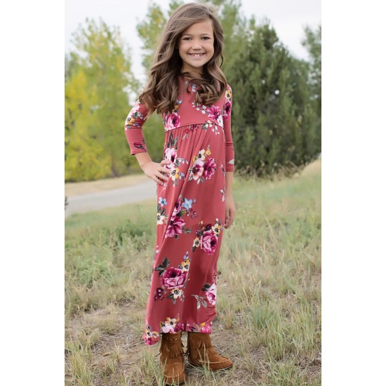 Rosy Floral Maxi Dress for Girls