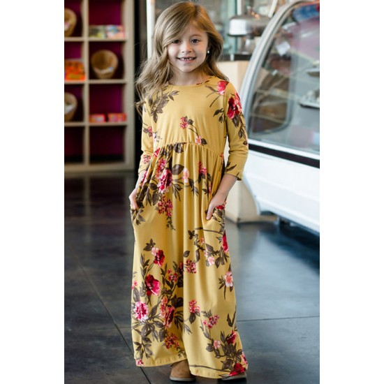 Mustard Floral Maxi Dress for Girls