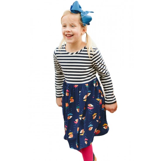 Navy Striped Cartoon Hedgehog Kid Dress