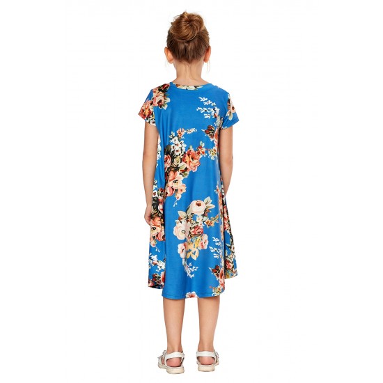 Blue Short Sleeve Floral Print Toddler Dress