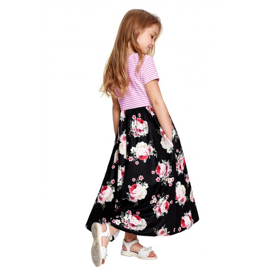 Black Striped Floral Print Little Girls Maxi Dress