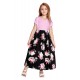 Black Striped Floral Print Little Girls Maxi Dress