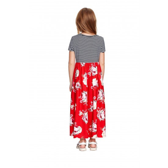 Red Striped Floral Print Little Girls Maxi Dress