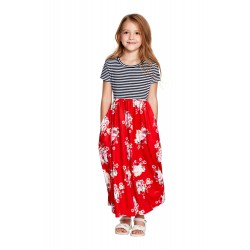 Red Striped Floral Print Little Girls Maxi Dress