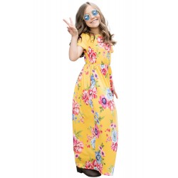 Yellow Short Sleeve Floral Print Loose Casual Maxi Dress with Pockets