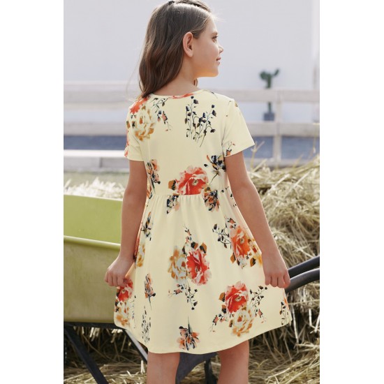 Short Sleeve Pocketed Children's Floral Dress