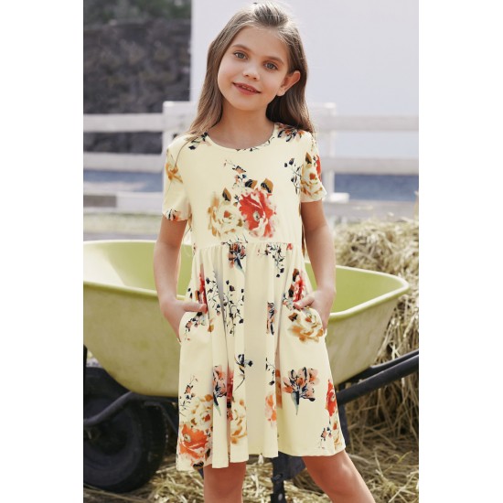 Short Sleeve Pocketed Children's Floral Dress