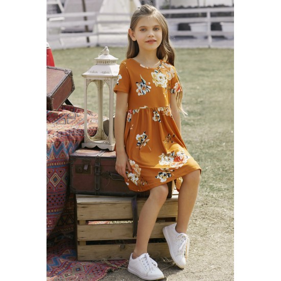 Orange Short Sleeve Pocketed Children's Floral Dress