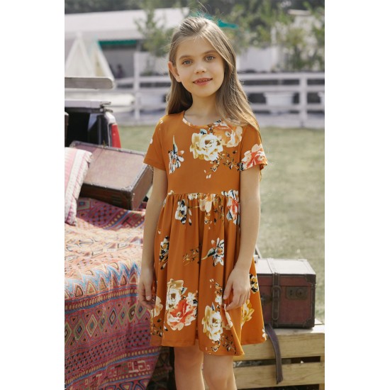 Orange Short Sleeve Pocketed Children's Floral Dress