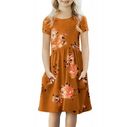 Orange Short Sleeve Pocketed Children's Floral Dress