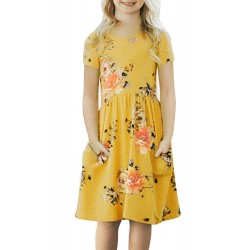 Yellow Short Sleeve Pocketed Children's Floral Dress