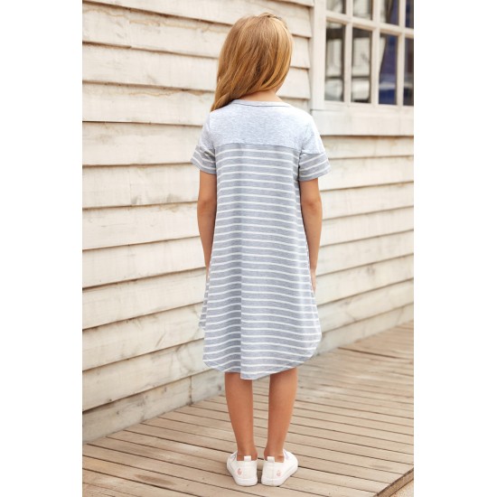 Gray Colorblock Patchwork Striped Girls’ Dress