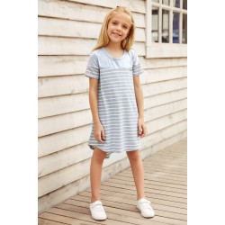 Gray Colorblock Patchwork Striped Girls’ Dress