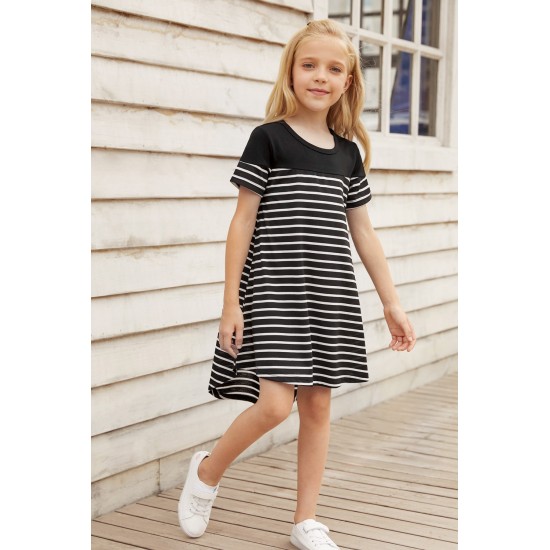 Black Colorblock Patchwork Striped Girls’ Dress