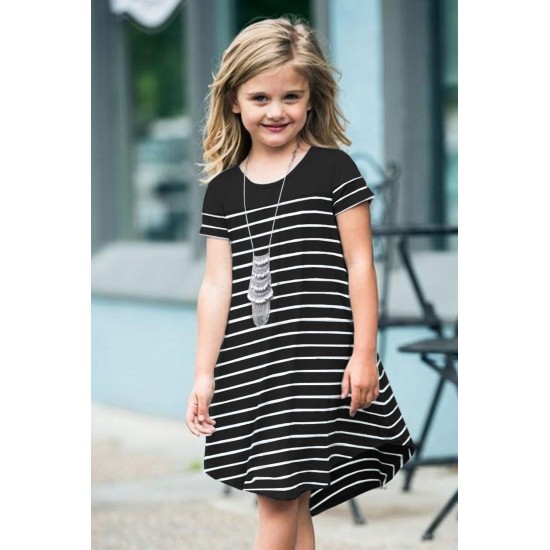 Black Colorblock Patchwork Striped Girls’ Dress