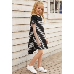 Black Colorblock Patchwork Striped Girls’ Dress