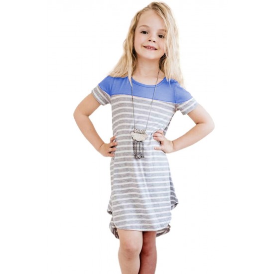 Sky Blue Colorblock Patchwork Striped Girls’ Dress