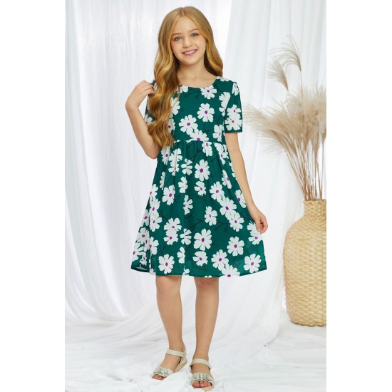 Green Crewneck Short Sleeve Pockets Floral Girl's Midi Dress