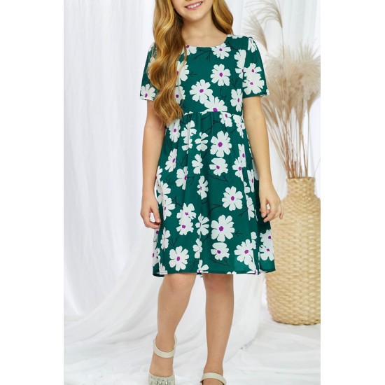 Green Crewneck Short Sleeve Pockets Floral Girl's Midi Dress