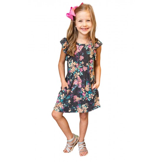 Gray Little Girls' Ruffle Sleeve Floral Dress with Pockets