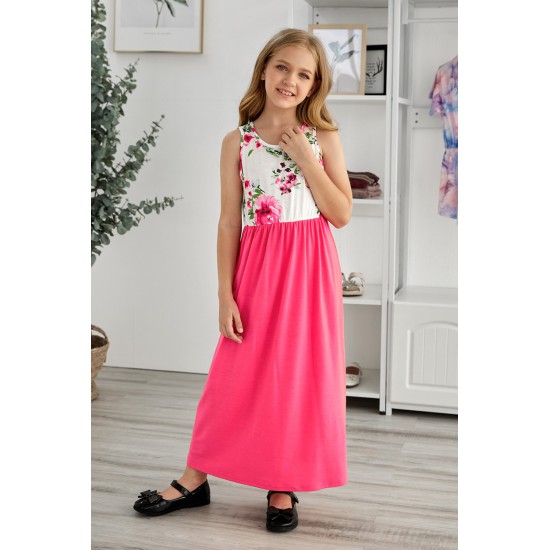 Rose Crewneck Sleeveless Floral Patchwork Kids Maxi Dress