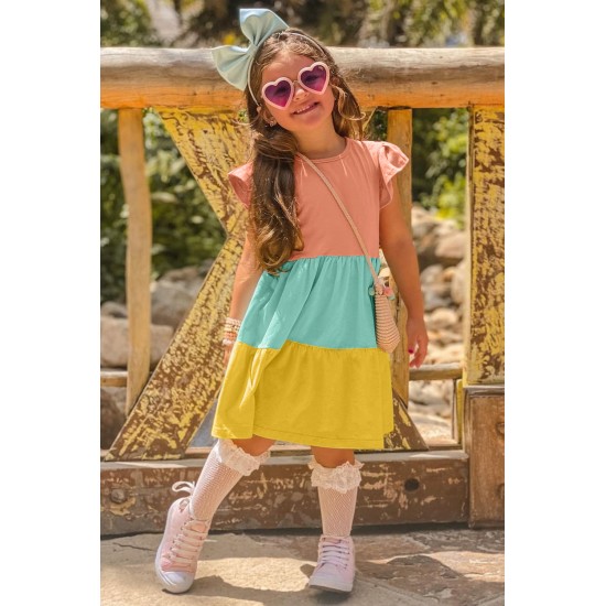 Yellow Ruffled Sleeve Colorblock Kid Dress