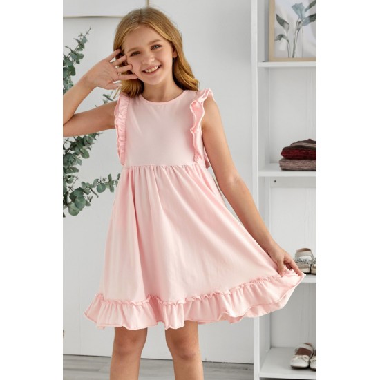 Pink Ruffled Empire Waist Pleated Flowy Kid Dress