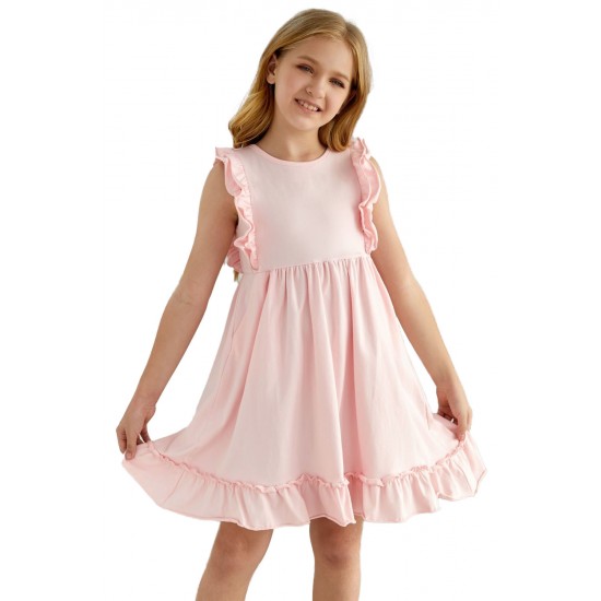 Pink Ruffled Empire Waist Pleated Flowy Kid Dress