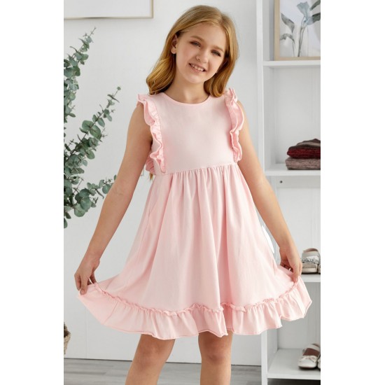 Pink Ruffled Empire Waist Pleated Flowy Kid Dress