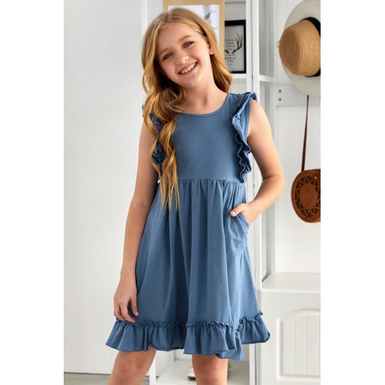 Blue Ruffled Empire Waist Pleated Flowy Kid Dress