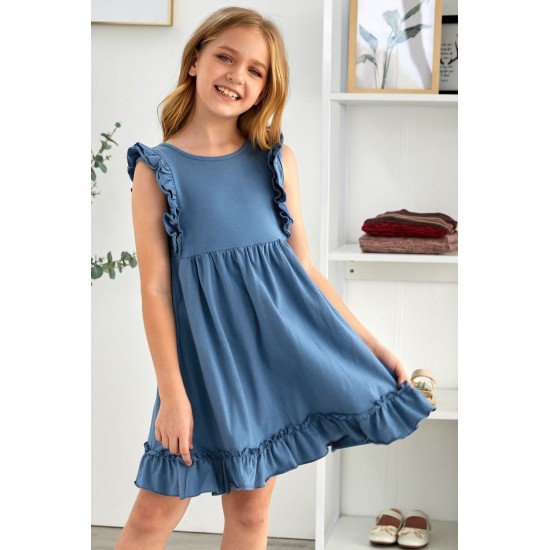 Blue Ruffled Empire Waist Pleated Flowy Kid Dress