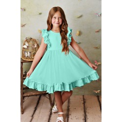 Mint Ruffled Empire Waist Pleated Flowy Kid Dress