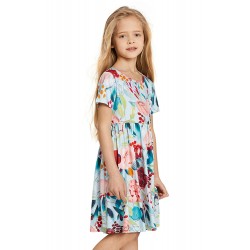 Sky Blue Crewneck Short Sleeve Floral Girl's Midi Dress