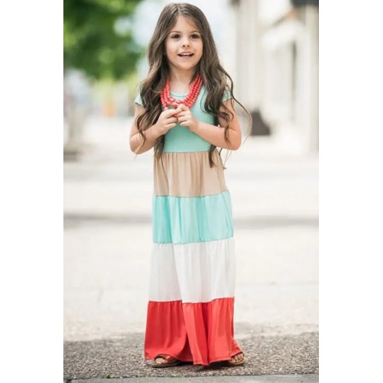 Family Matching Short Sleeve Color Block Kids' Maxi Dress