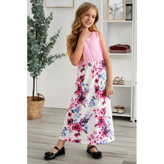 Pink Mom and Daughter Matching Sleeveless Floral Print Kid's Maxi Dress